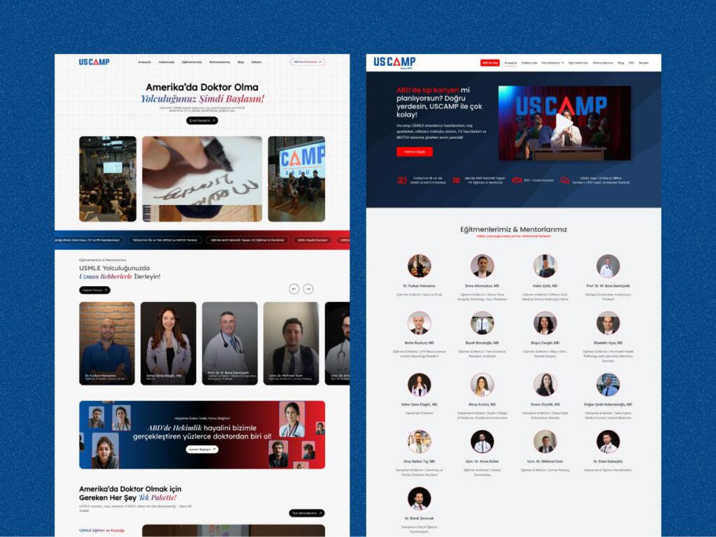 Uscamp web sitesi yenileme – yeni ve eski ana sayfa yan yana karşılaştırması
