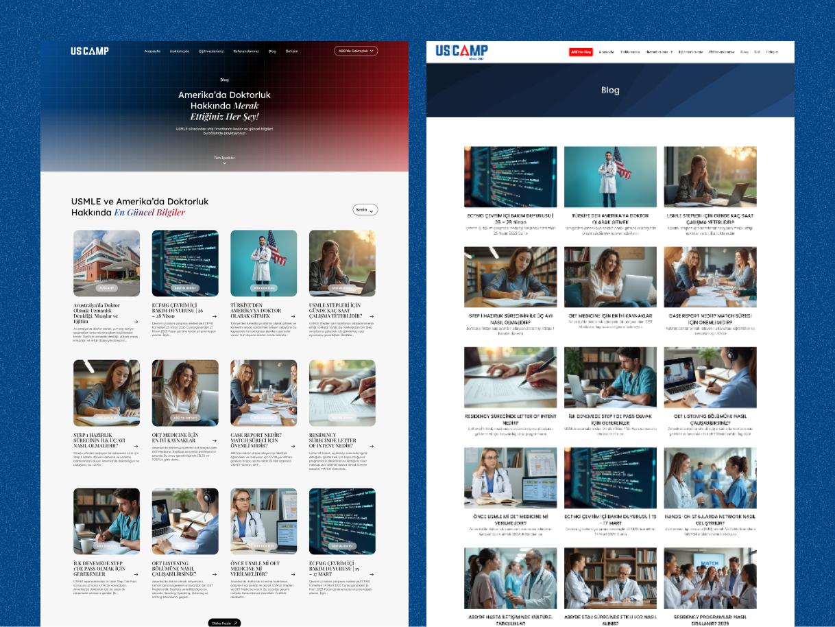 Uscamp web sitesi yenileme – yeni ve eski blog sayfası karşılaştırması