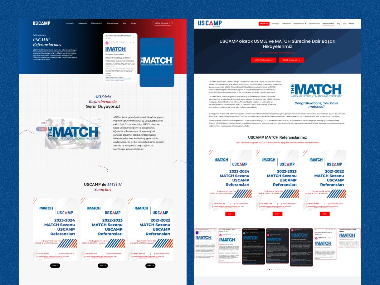Uscamp web sitesi yenileme – yeni ve eski USMLE Match referanslar sayfası karşılaştırması