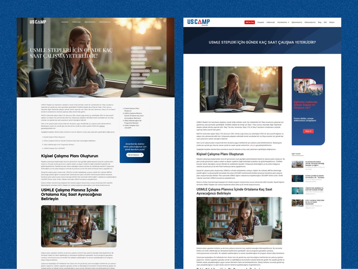 Uscamp web sitesi yenileme – yeni ve eski blog yazısı detay sayfası karşılaştırması