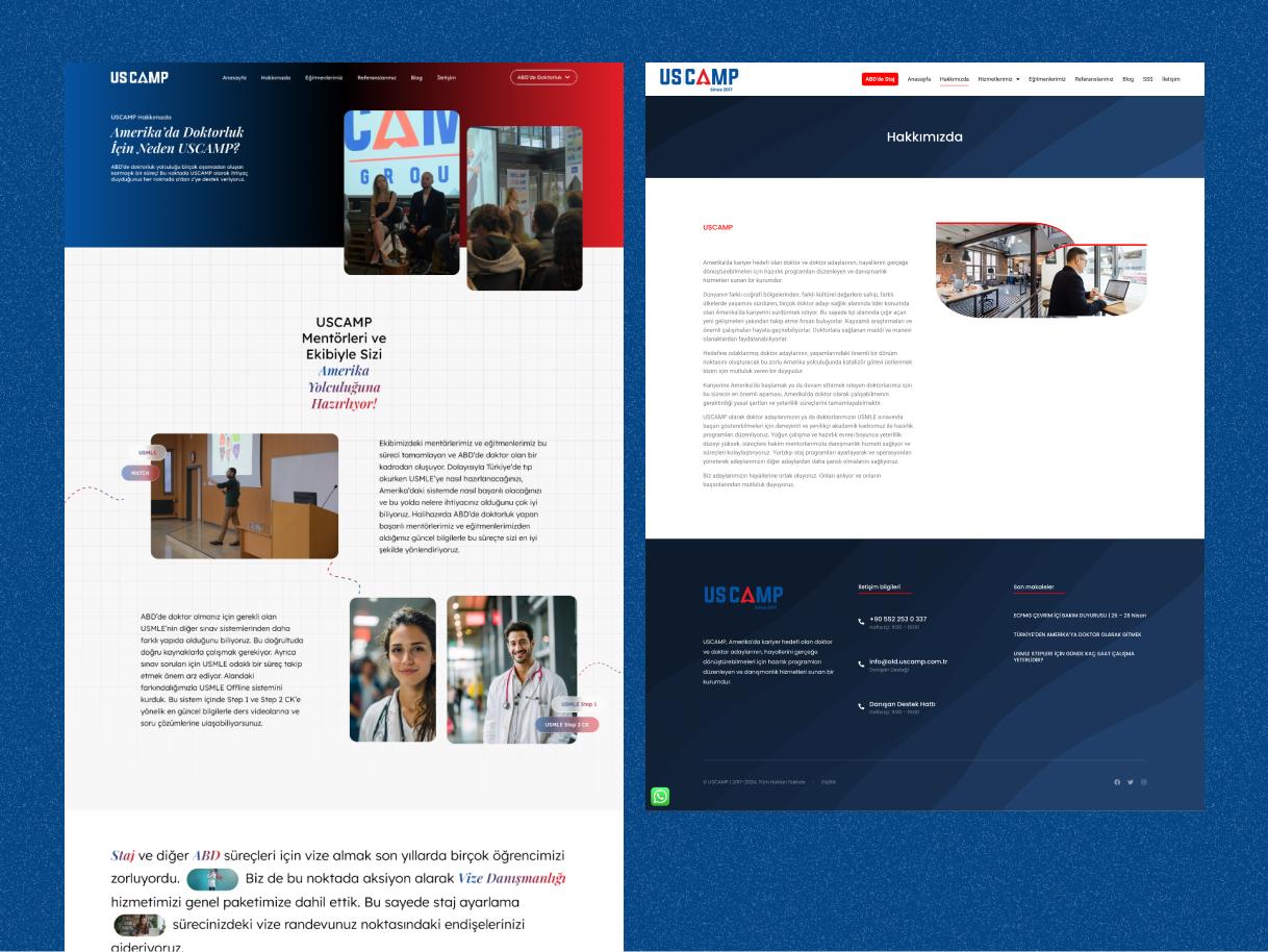 Uscamp web sitesi yenileme – yeni ve eski Hakkımızda sayfası karşılaştırması