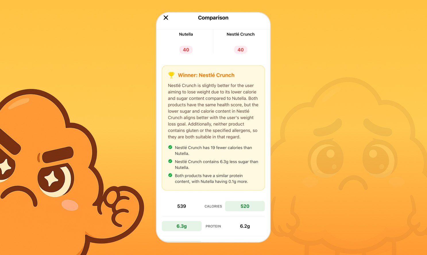 LabelScan v1.1 ürün karşılaştırma ekranı – iki ürünün şeker ve kalori değerleri