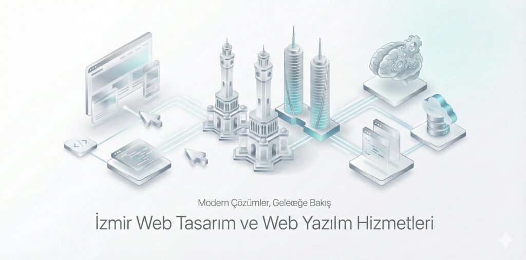 İzmir web tasarım ve web yazılım hizmetleri – izometrik şehir ve dijital ürün illüstrasyonu