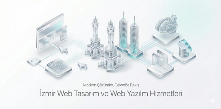 İzmir web tasarım ve web yazılım hizmetleri – izometrik şehir ve dijital ürün illüstrasyonu